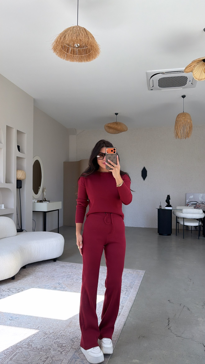 Bordo Bisiklet Yaka Fitilli Alt Üst Takım