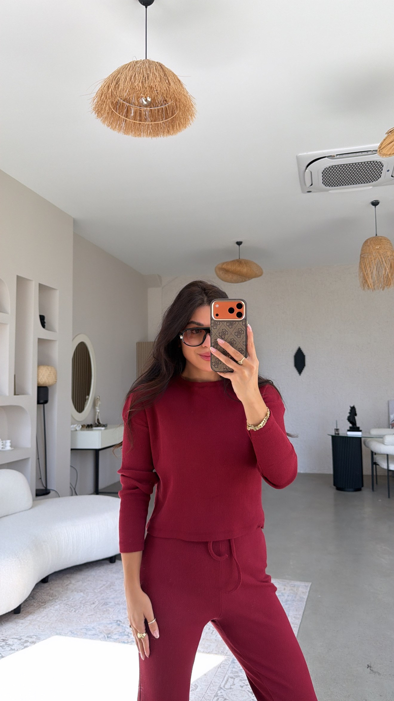 Bordo Bisiklet Yaka Fitilli Alt Üst Takım