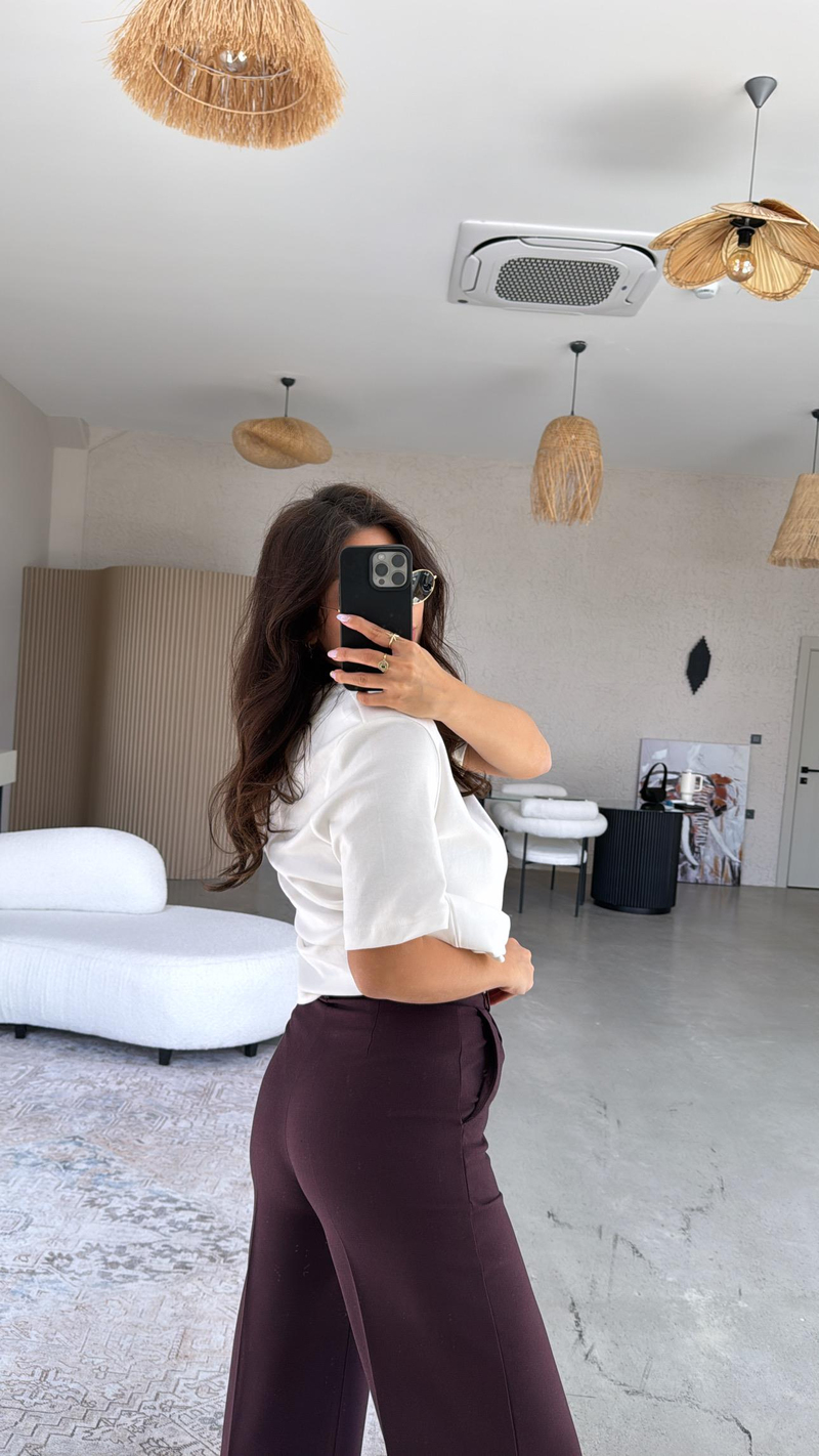 Bordo Bol Paça Çift Pileli Pantolon