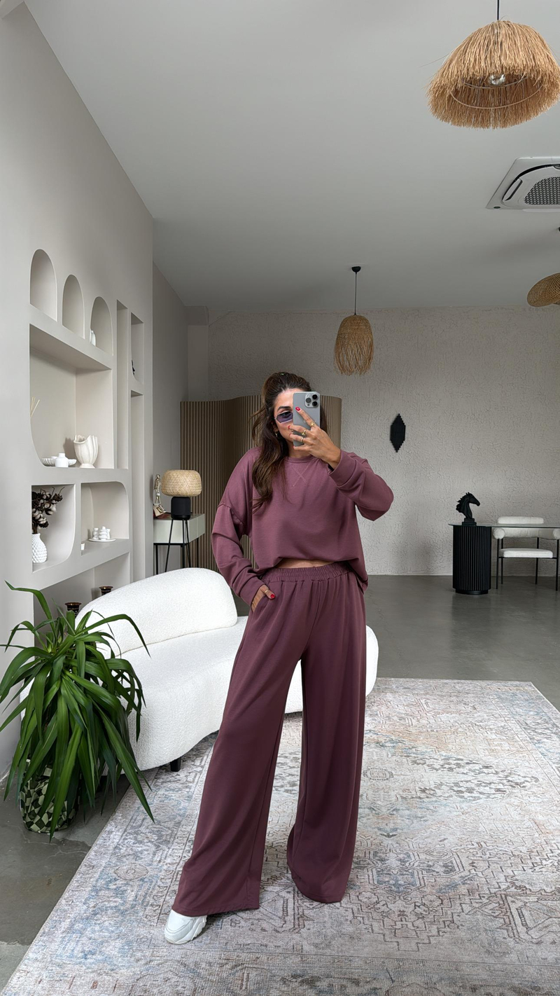 Bordo Bol Paça Sweatshirt Eşofman Takım