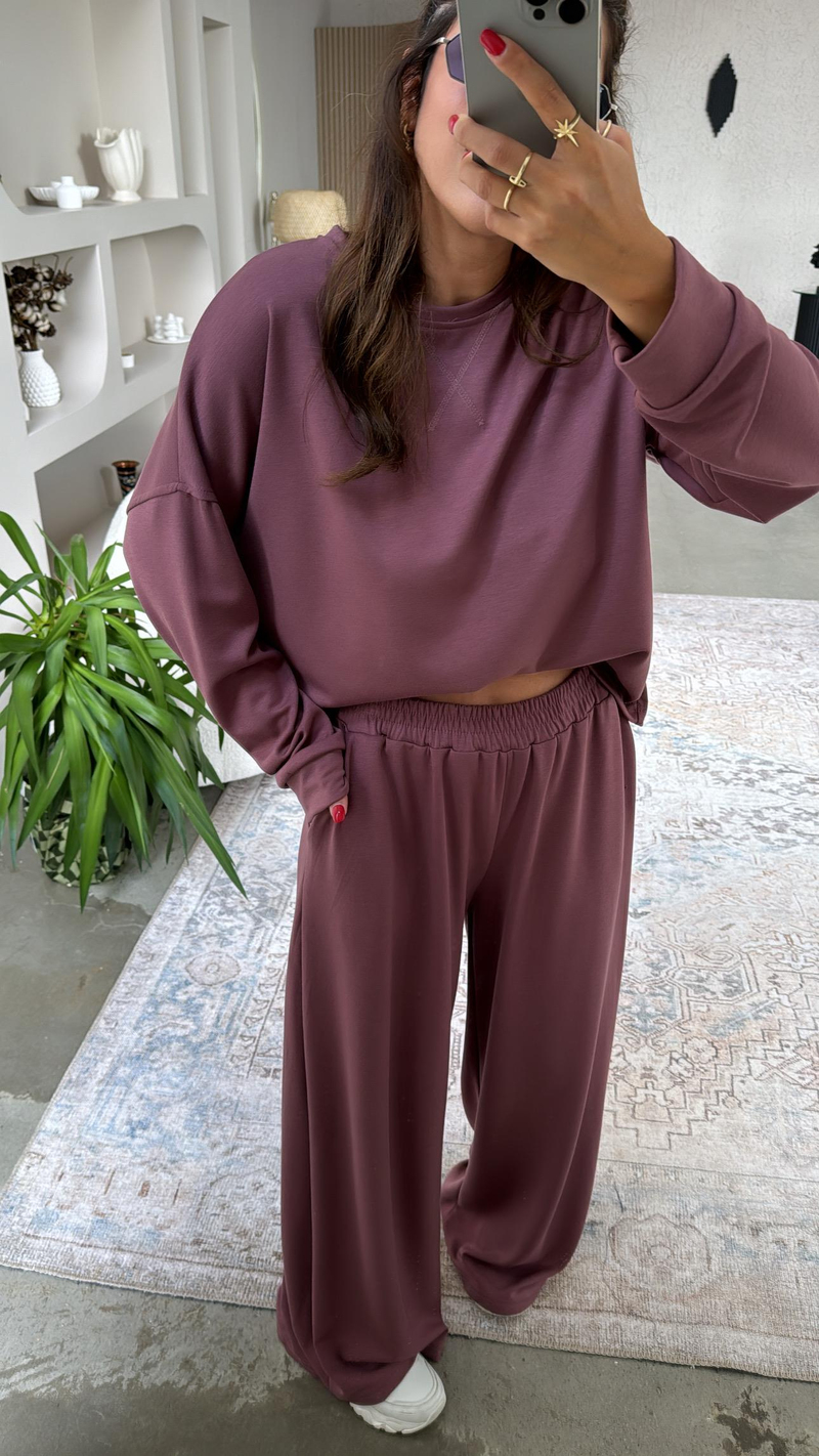 Bordo Bol Paça Sweatshirt Eşofman Takım