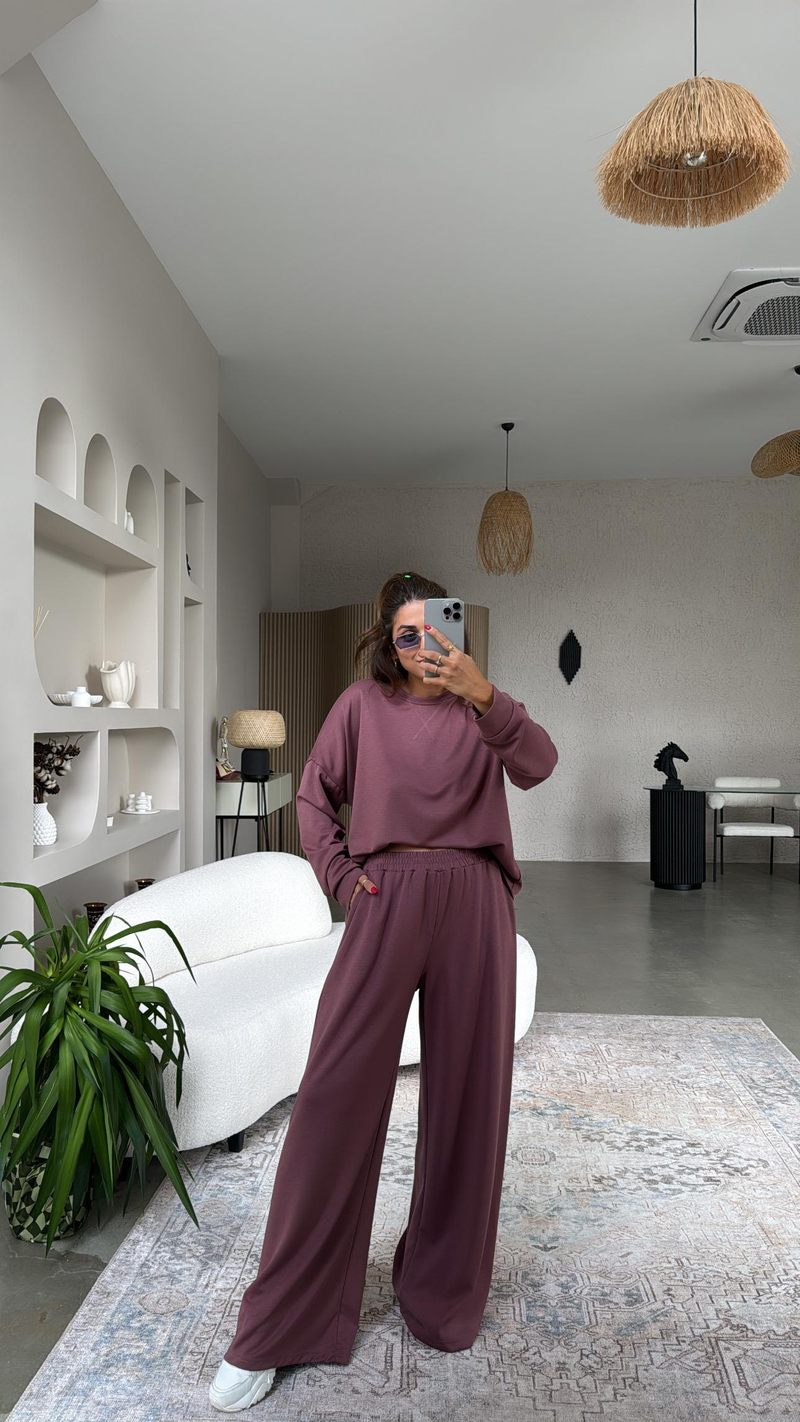 Bordo Bol Paça Sweatshirt Eşofman Takım