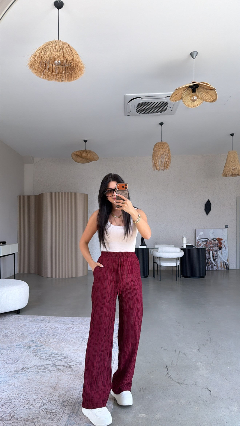 Bordo Bürümcük Kumaş Lastikli Pantolon