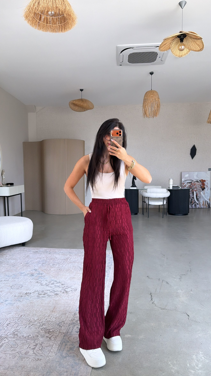 Bordo Bürümcük Kumaş Lastikli Pantolon