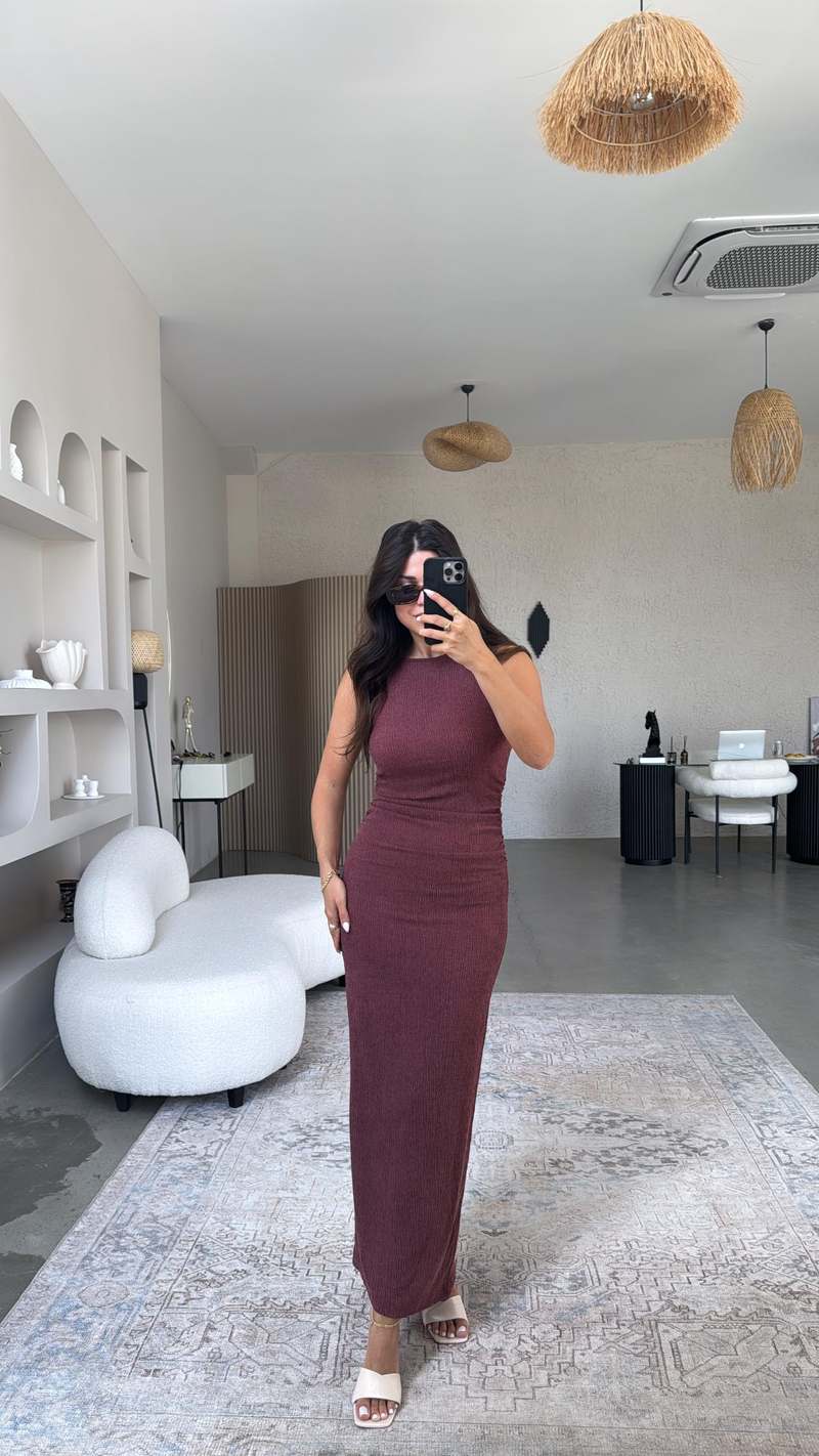 Bordo Bürümcük ZR Model Büzgü Detay Elbise