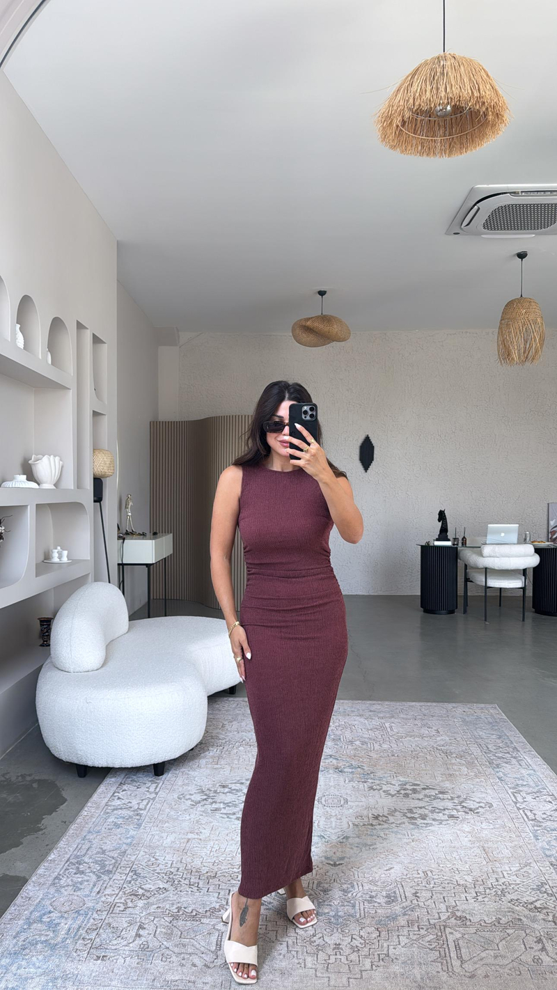 Bordo Bürümcük ZR Model Büzgü Detay Elbise