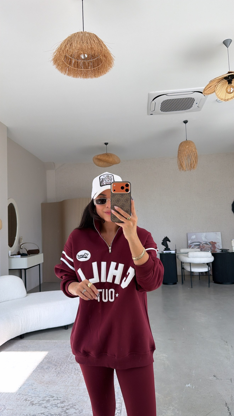 Bordo Chill Out Üç İplik Şardonlu Sweatshirt