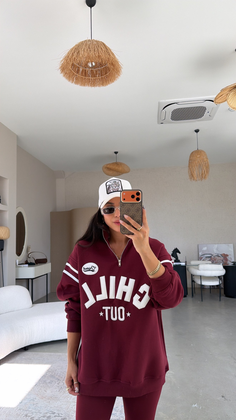 Bordo Chill Out Üç İplik Şardonlu Sweatshirt