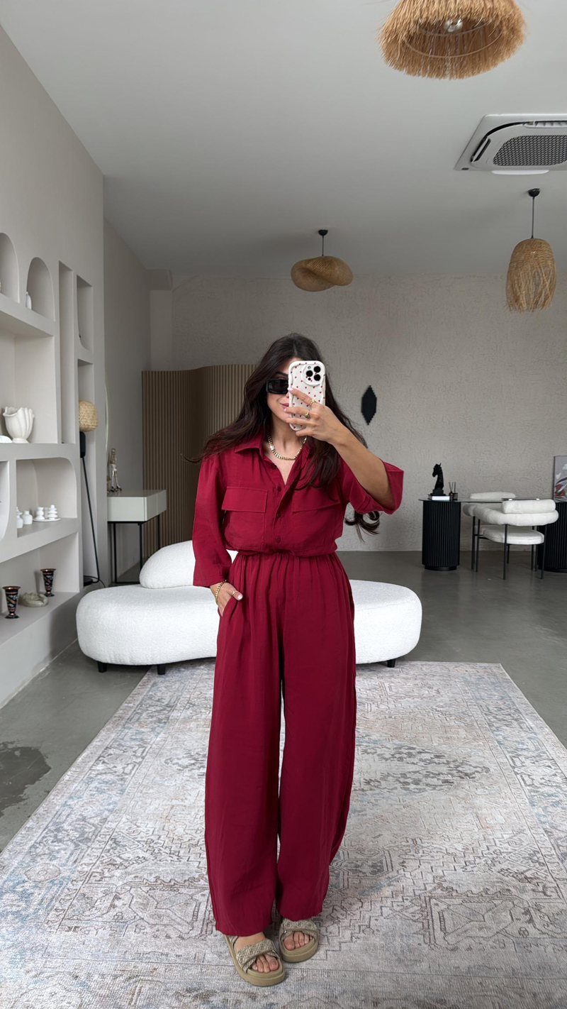 Bordo Çift Cepli Gömlek Pantolon Takım
