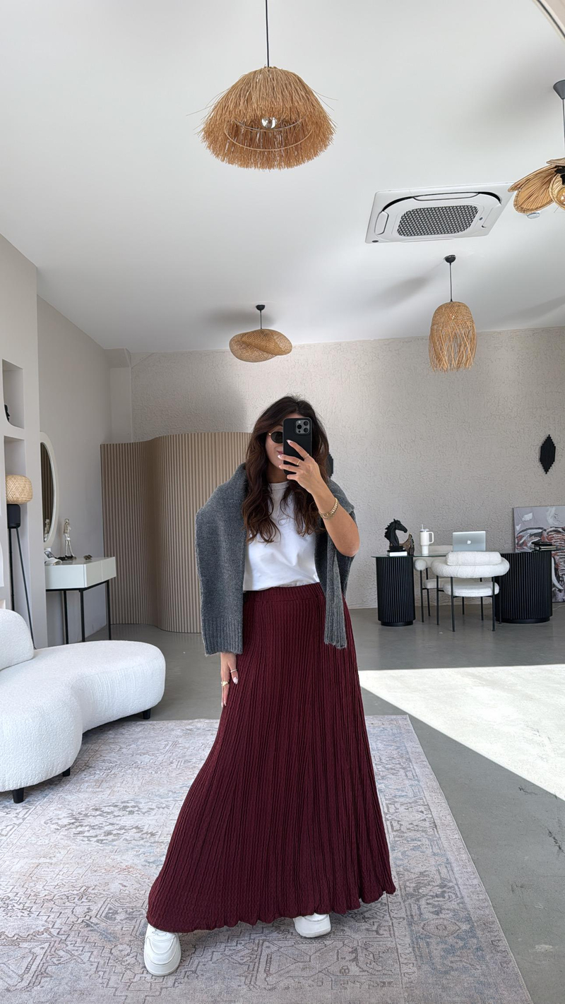 Bordo Çift Kat Bürümcük Kumaş Maxi Etek
