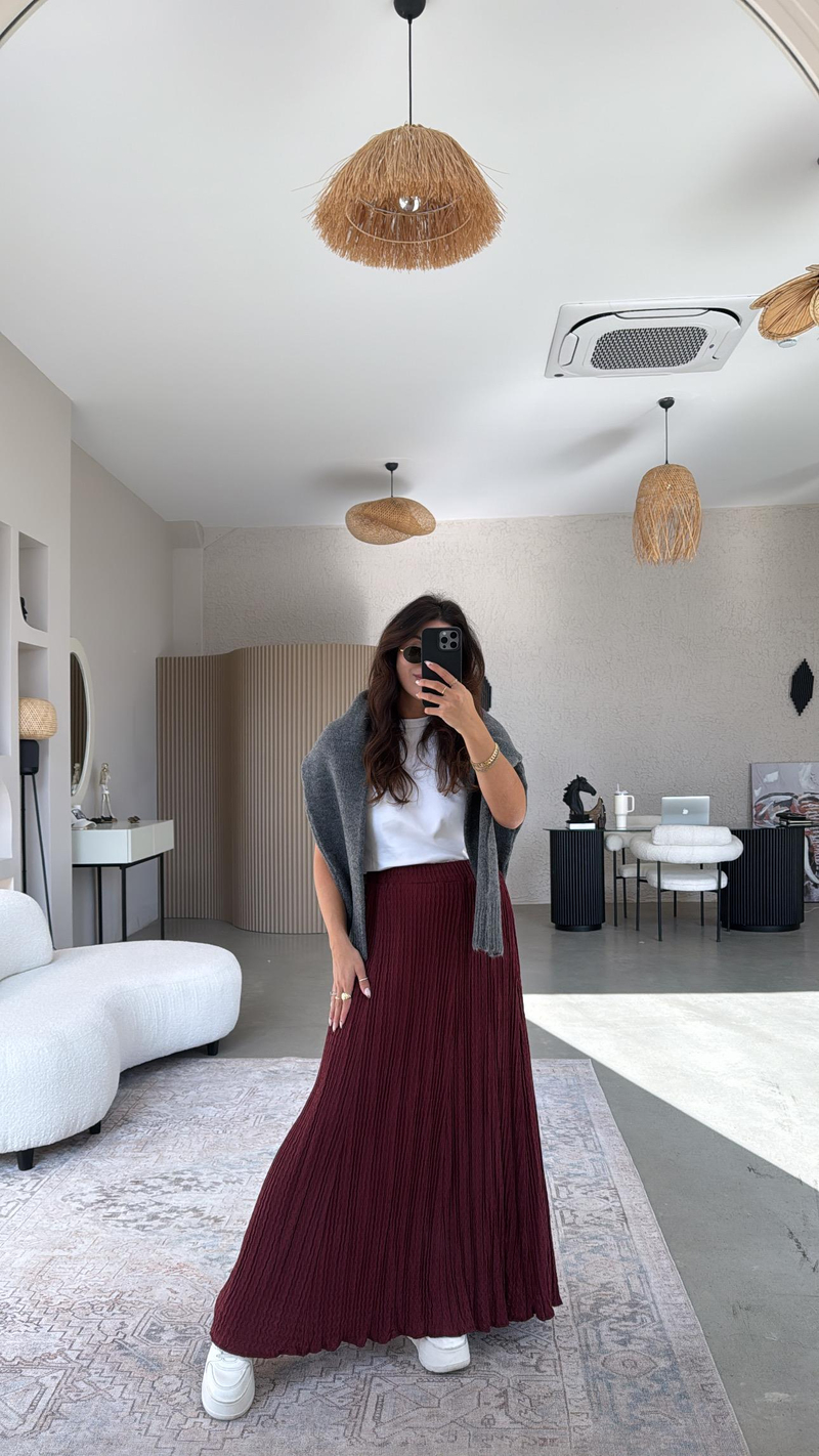 Bordo Çift Kat Bürümcük Kumaş Maxi Etek