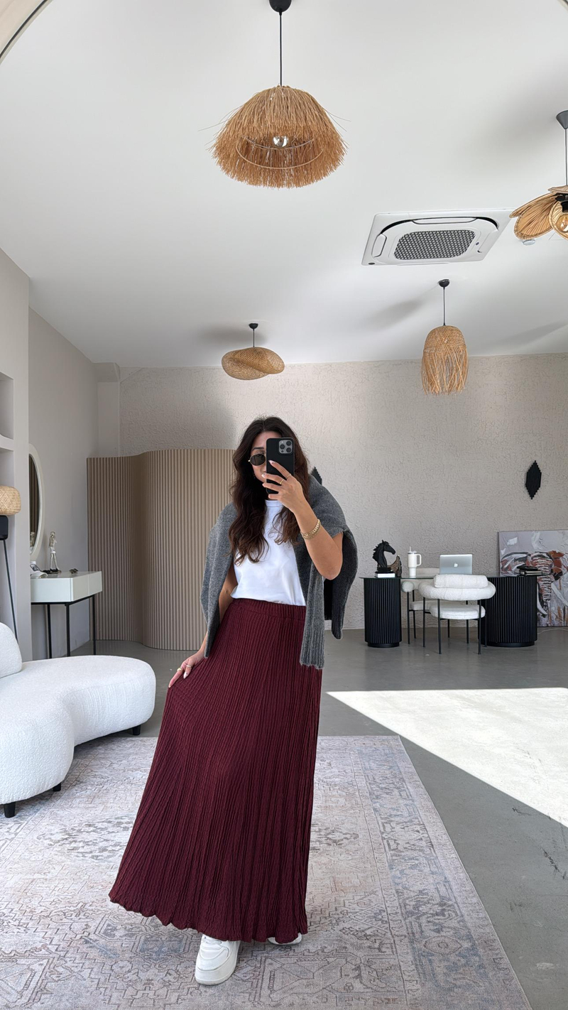 Bordo Çift Kat Bürümcük Kumaş Maxi Etek