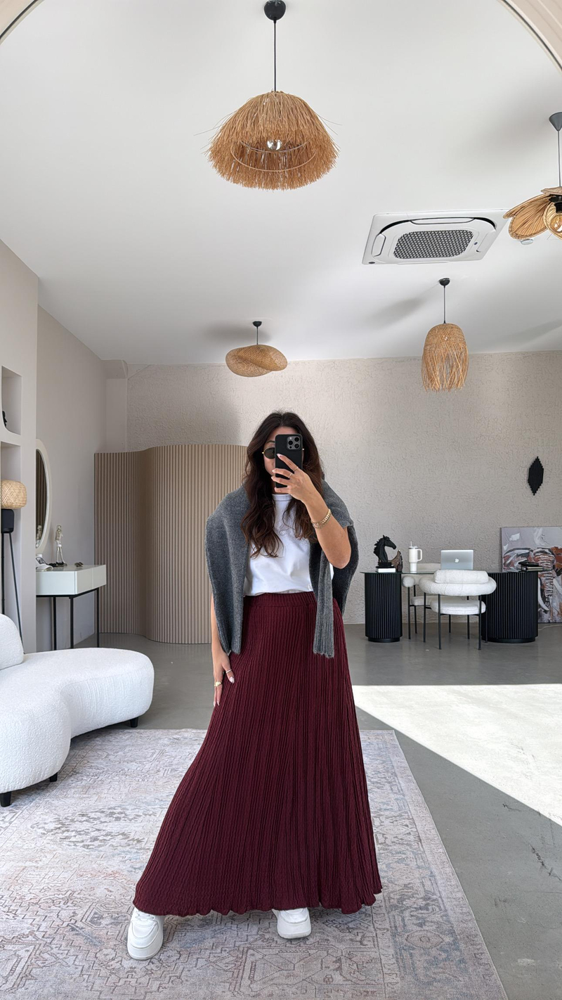 Bordo Çift Kat Bürümcük Kumaş Maxi Etek