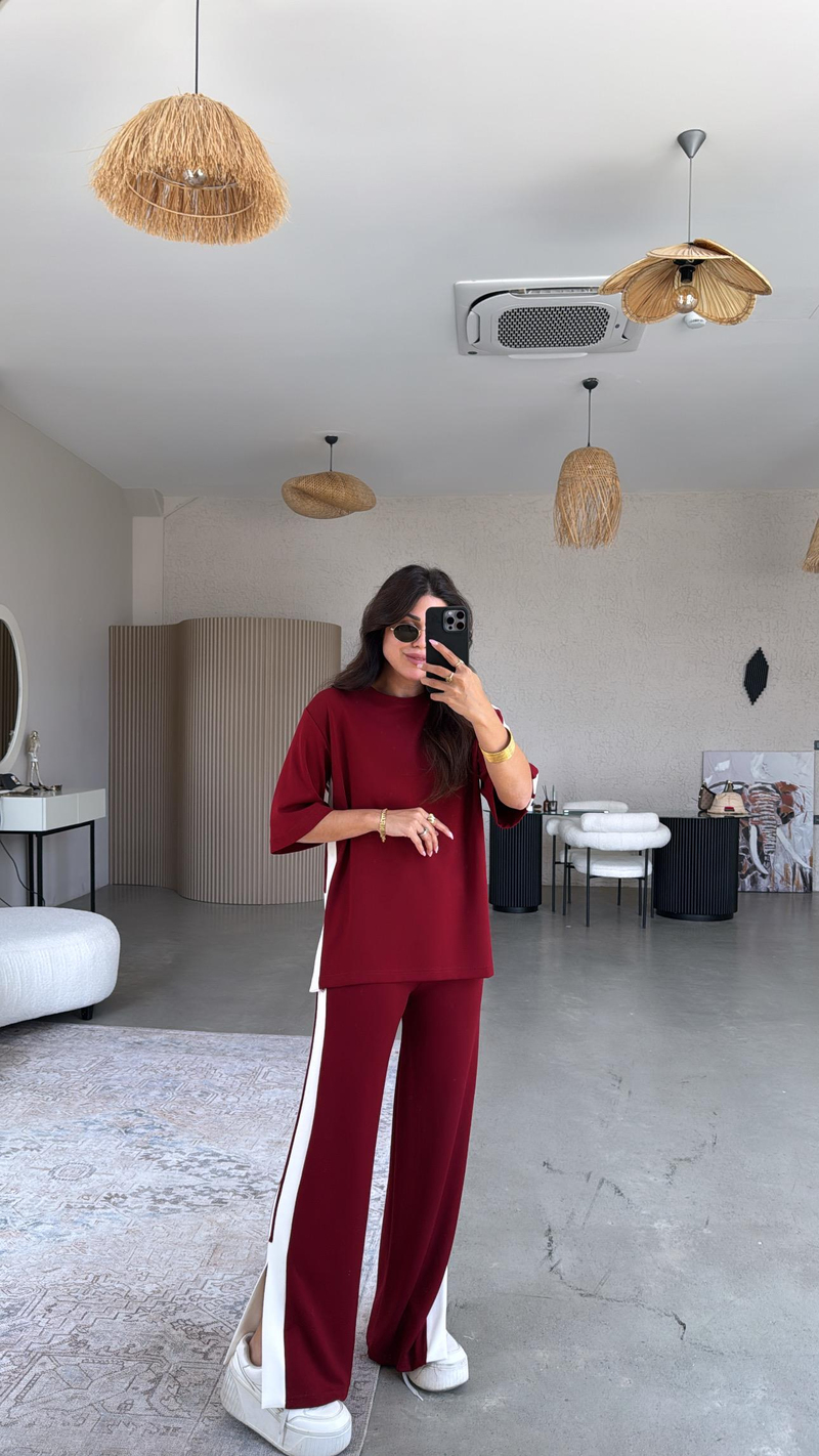 Bordo Çift Şeritli Yırtmaçlı Modal Takım