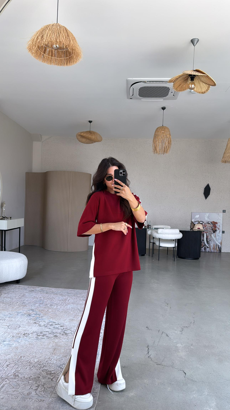 Bordo Çift Şeritli Yırtmaçlı Modal Takım