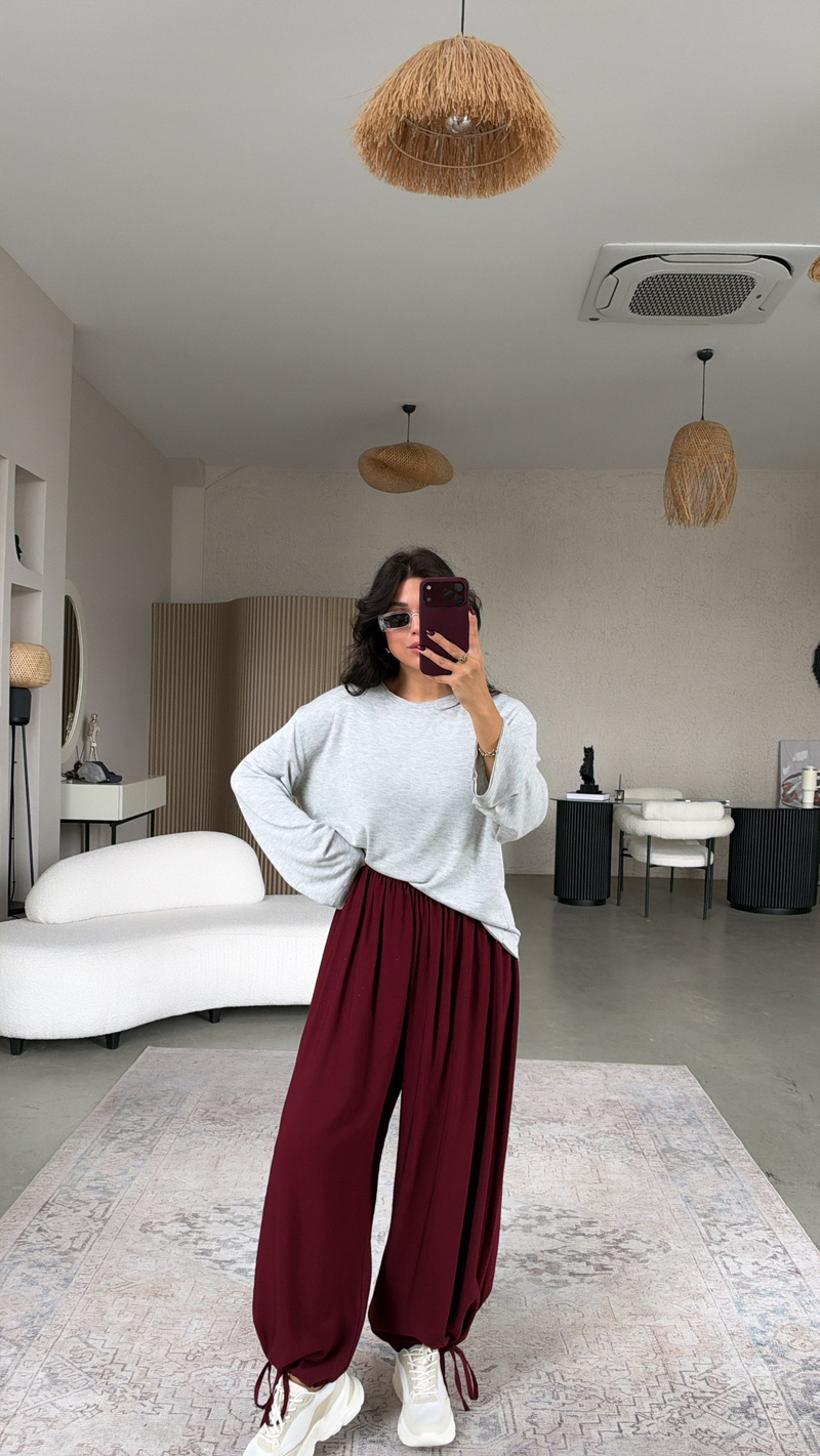 Bordo Cs Tensel Kumaş Bağcıklı Şalvar Pantolon