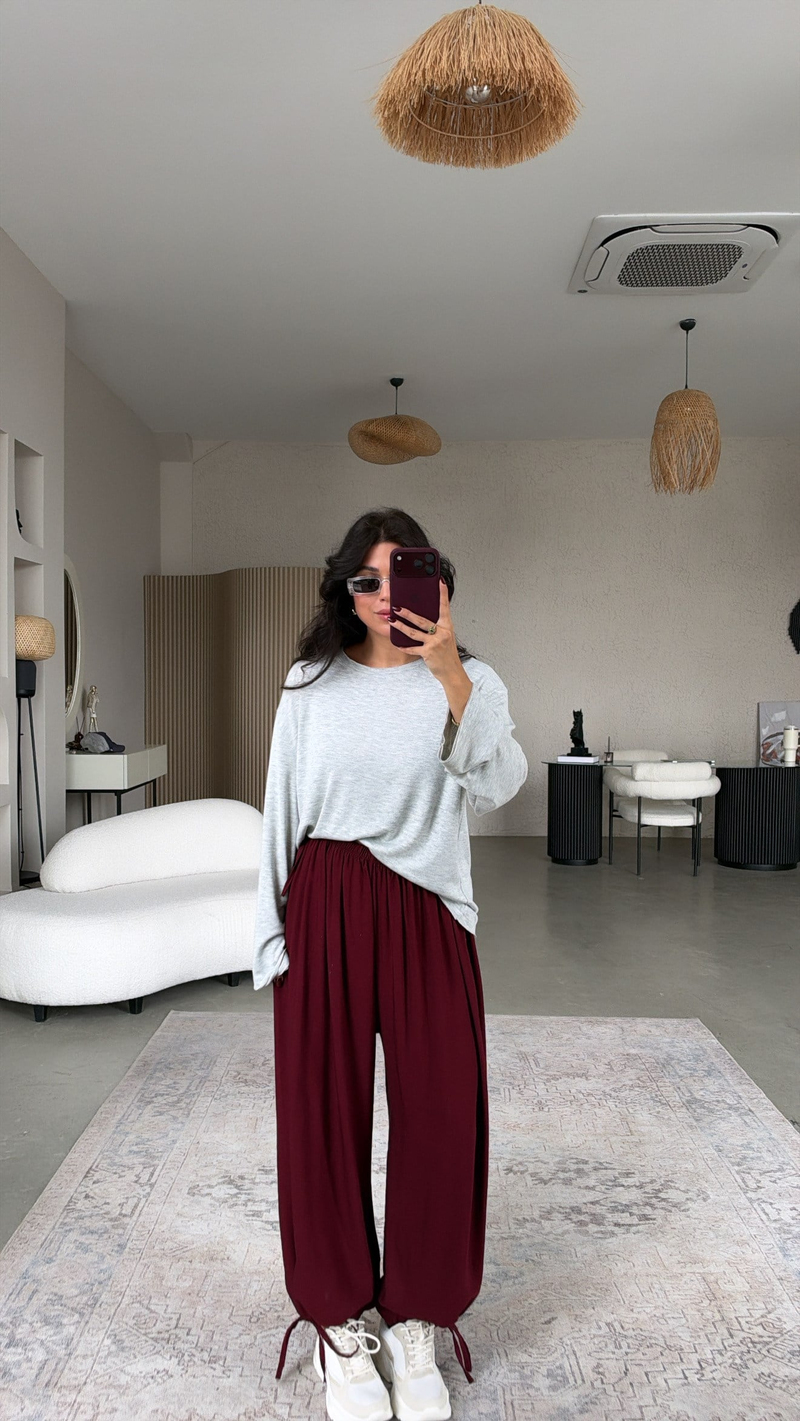 Bordo Cs Tensel Kumaş Bağcıklı Şalvar Pantolon