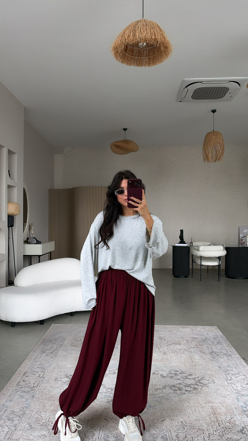 Bordo Cs Tensel Kumaş Bağcıklı Şalvar Pantolon