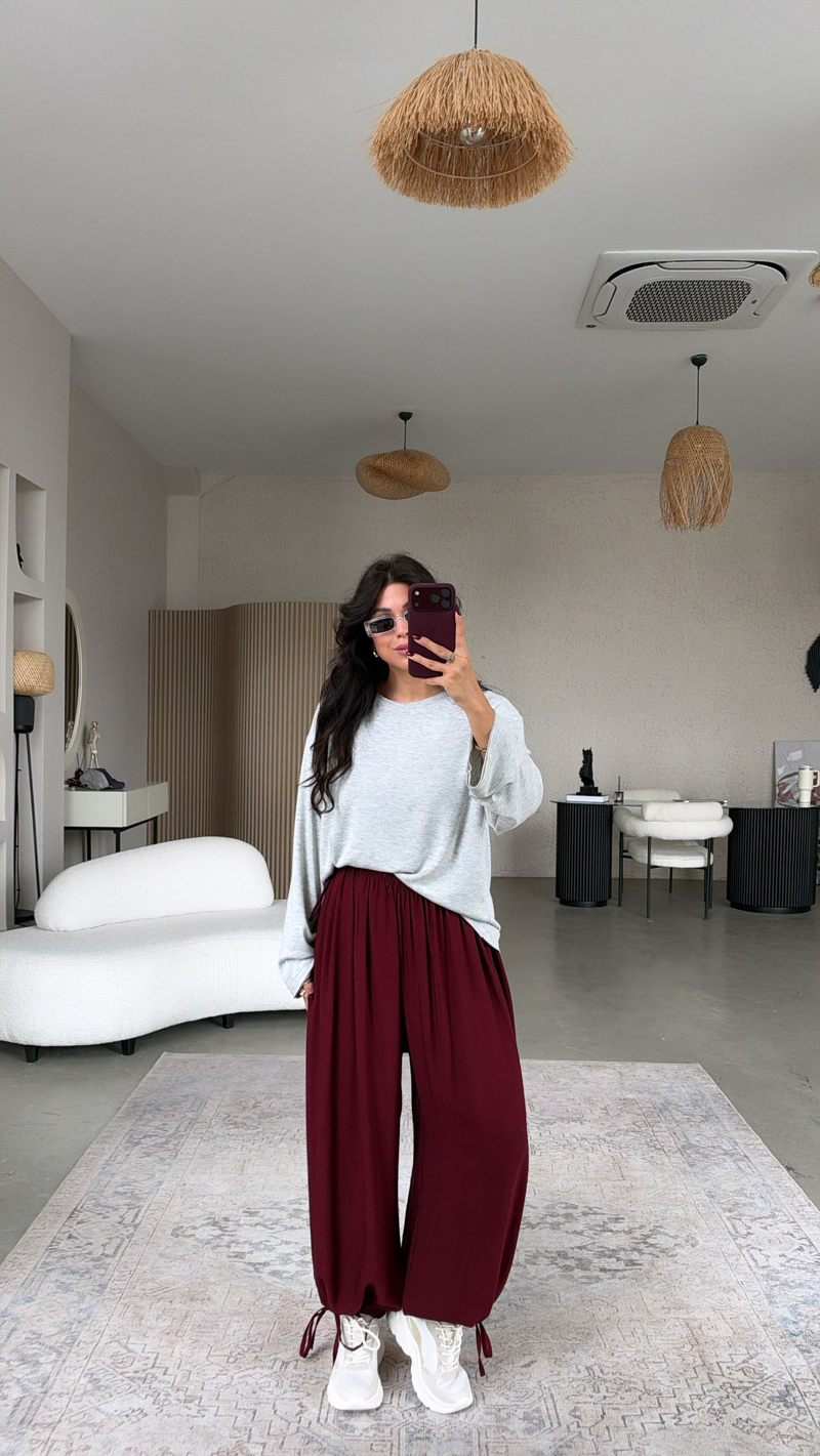 Bordo Cs Tensel Kumaş Bağcıklı Şalvar Pantolon