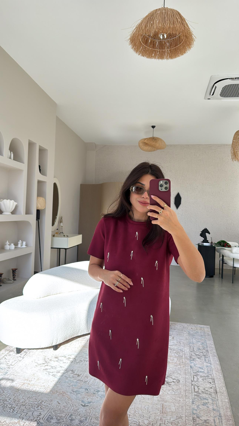 Bordo Çubuk Taş Sallantılı Elbise