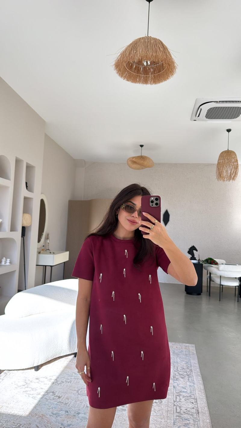 Bordo Çubuk Taş Sallantılı Elbise