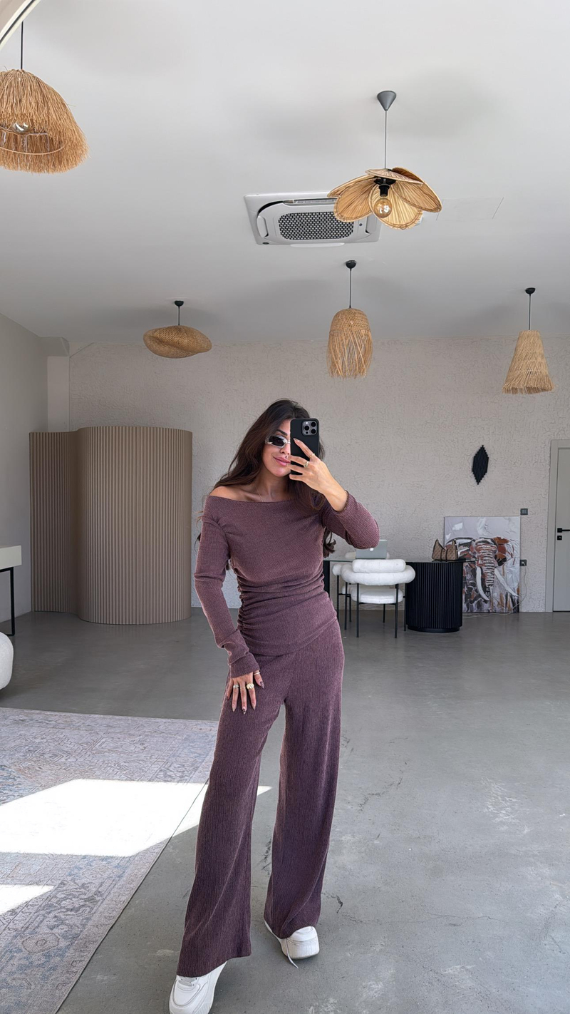 Bordo Drape Detay Kayık Yaka Bürümcük Takım