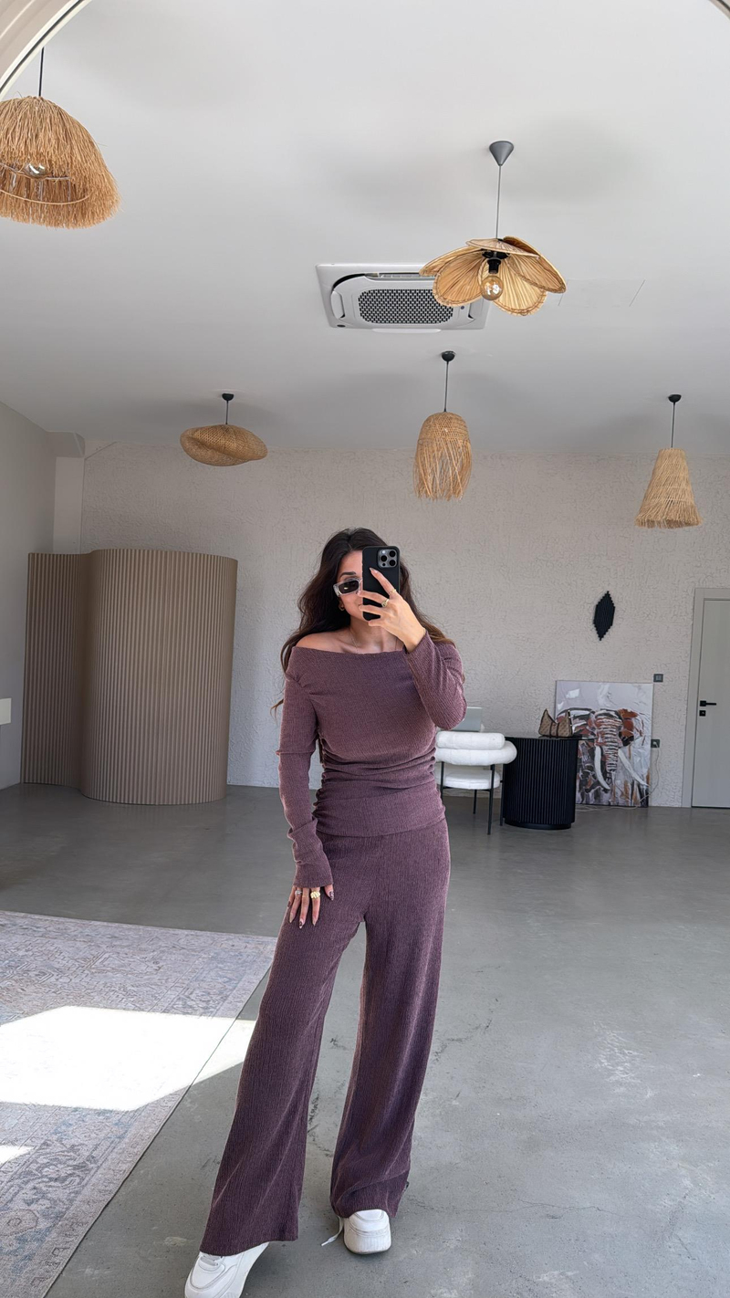 Bordo Drape Detay Kayık Yaka Bürümcük Takım