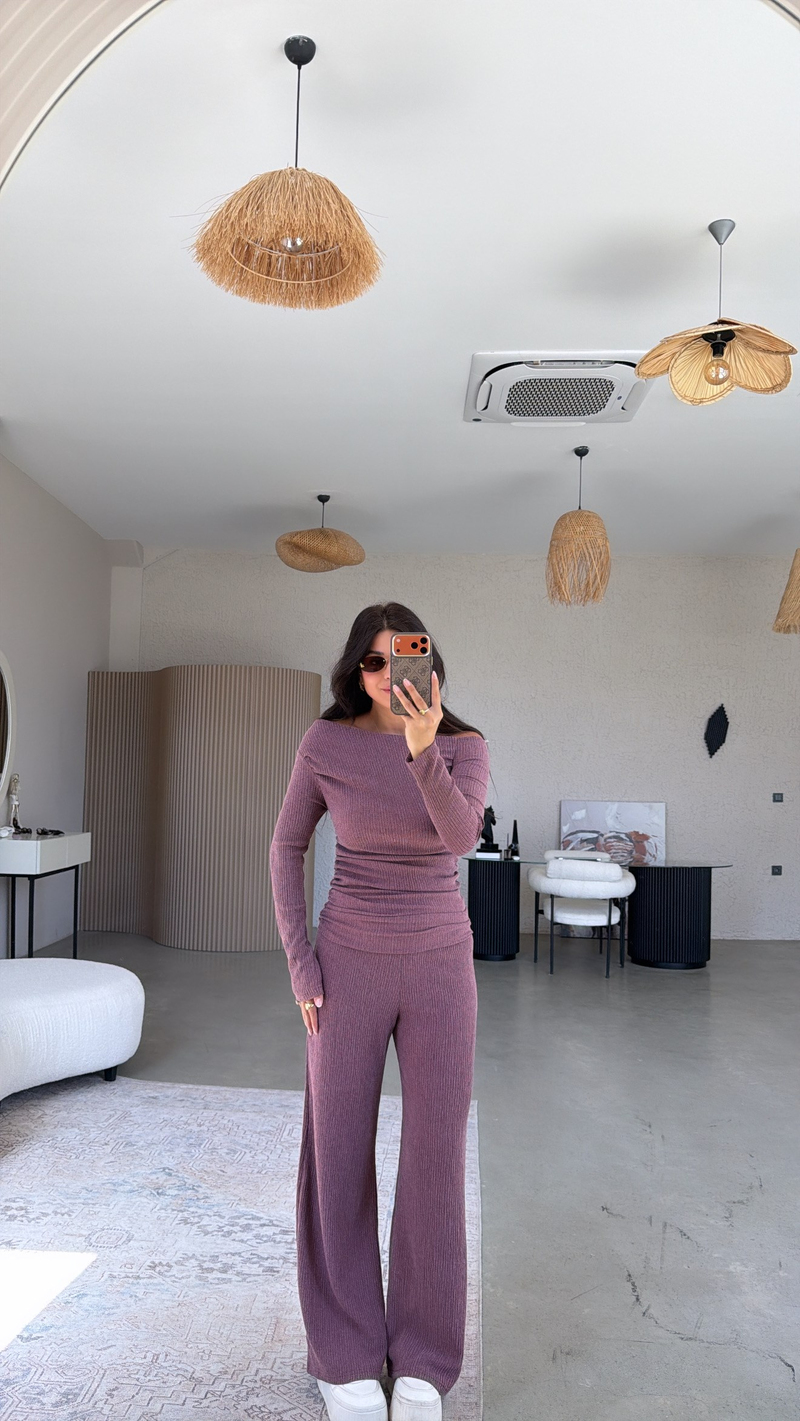 Bordo Drape Detay Kayık Yaka Bürümcük Takım