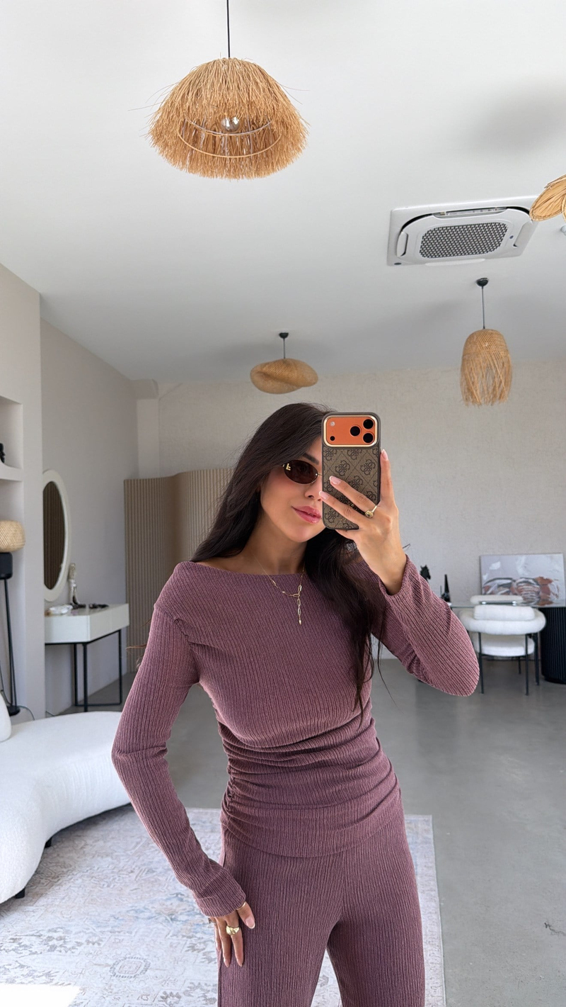 Bordo Drape Detay Kayık Yaka Bürümcük Takım