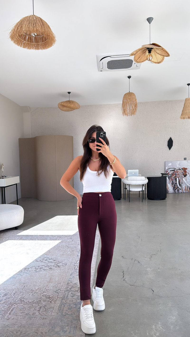Bordo Düğmeli Çelik Tayt Pantolon