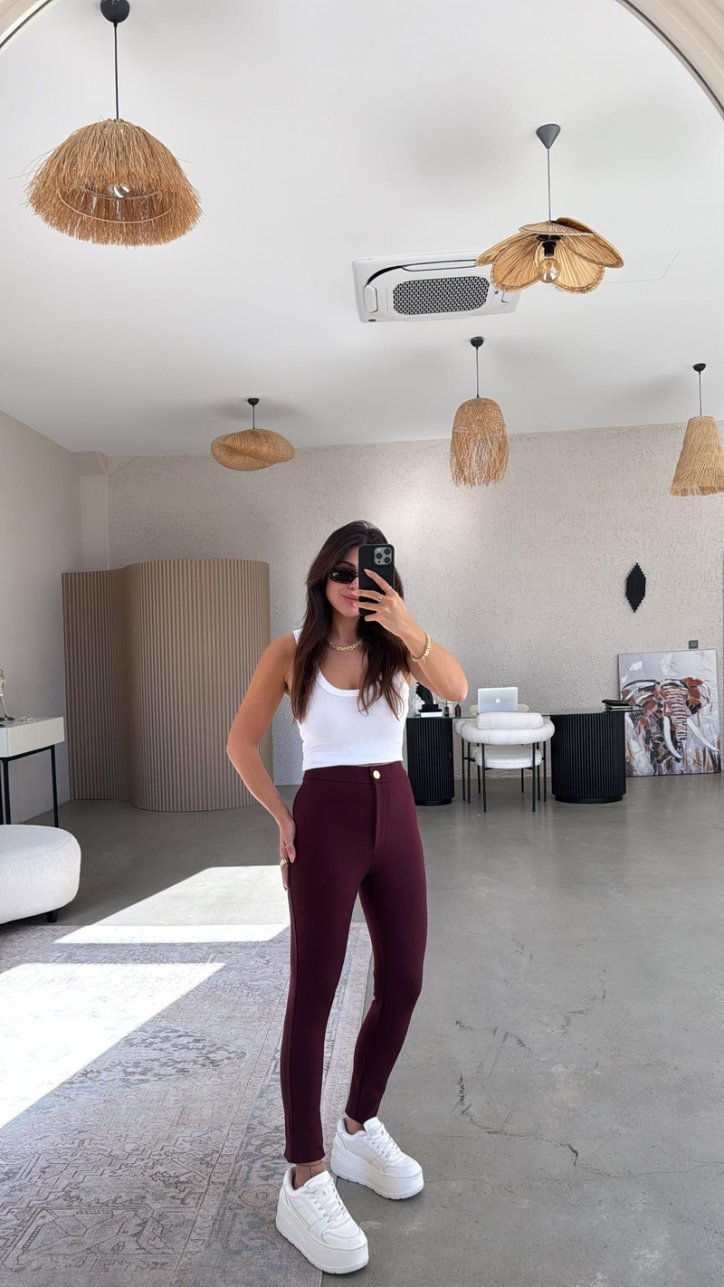 Bordo Düğmeli Çelik Tayt Pantolon