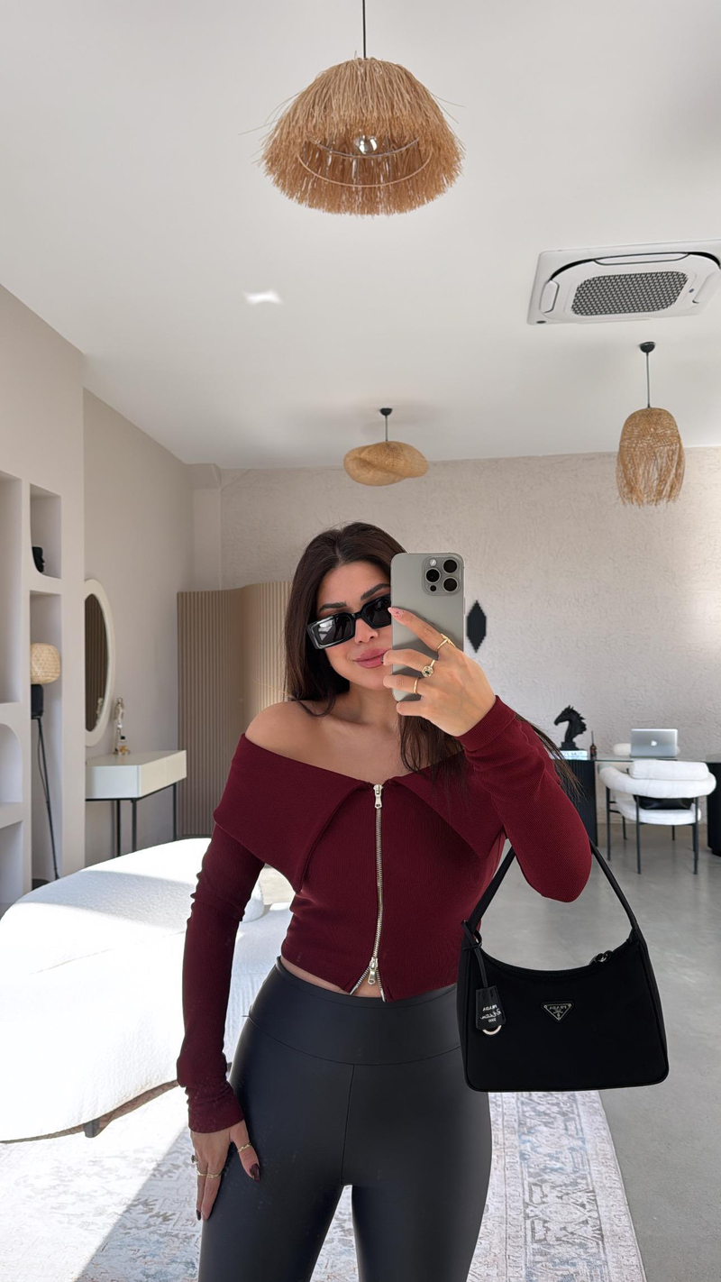 Bordo Fermuar Detaylı Madonna Bluz