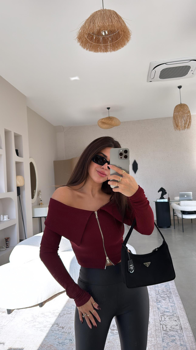 Bordo Fermuar Detaylı Madonna Bluz