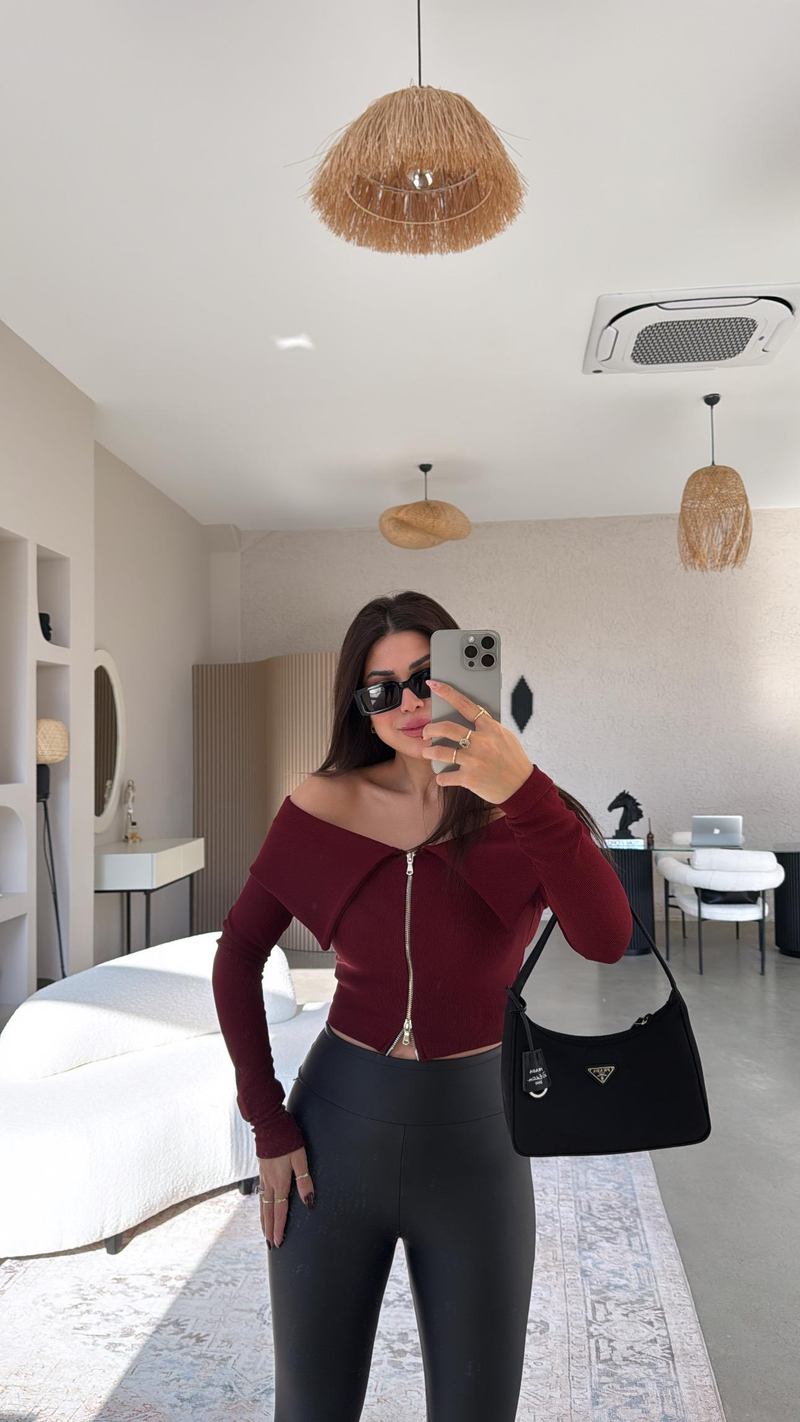Bordo Fermuar Detaylı Madonna Bluz