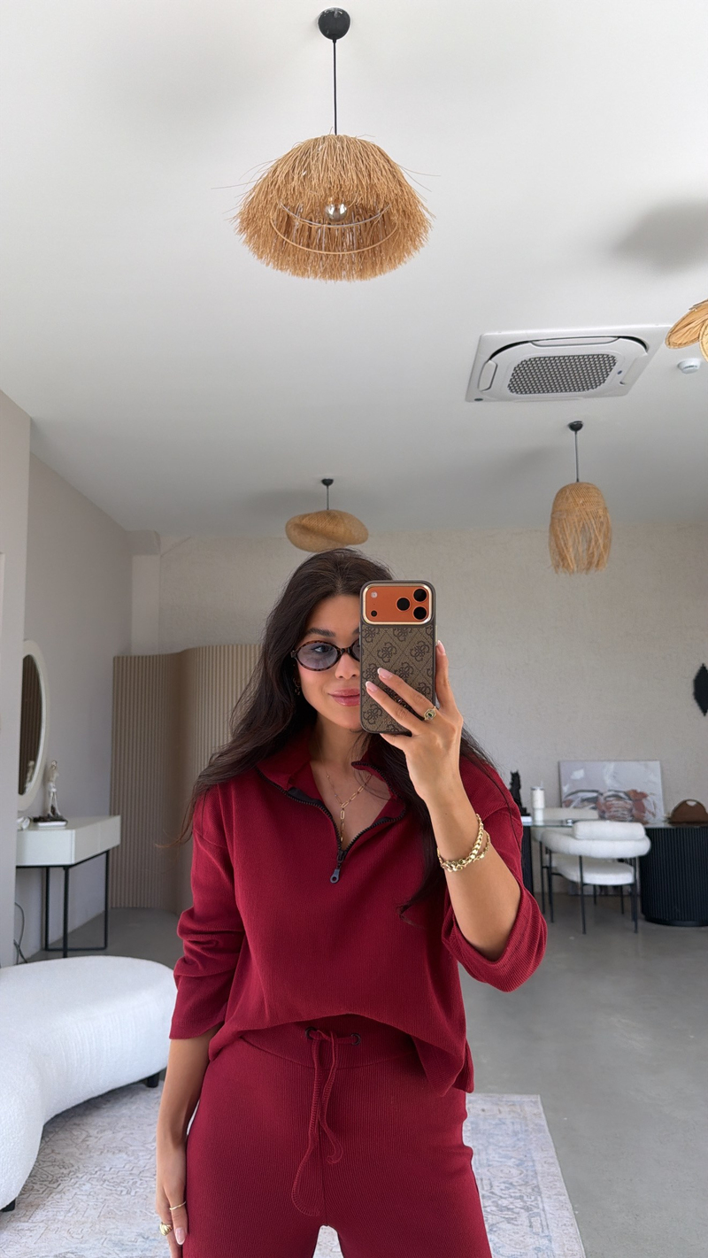 Bordo Fermuarlı Fitilli Alt Üst Takım
