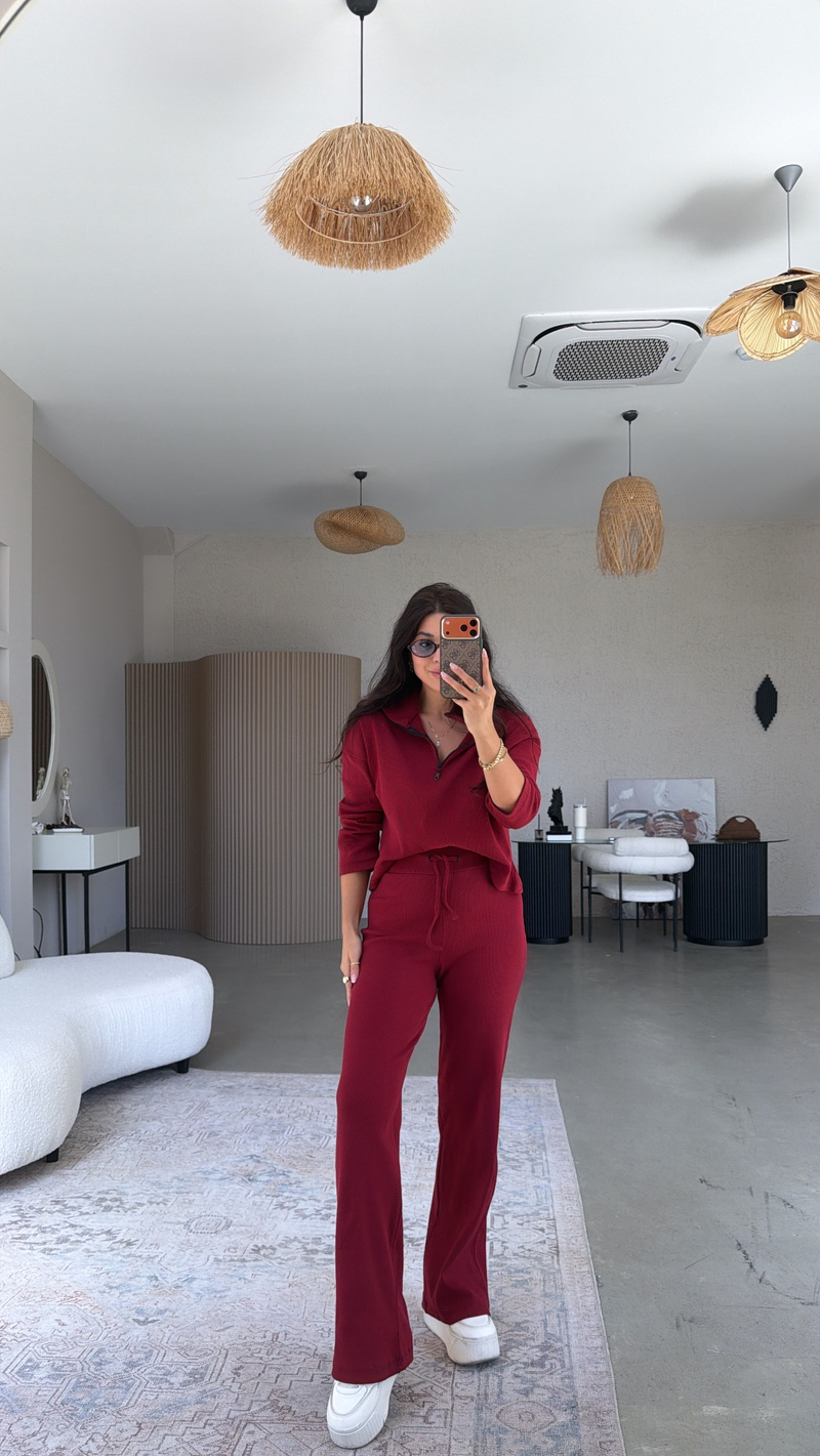 Bordo Fermuarlı Fitilli Alt Üst Takım