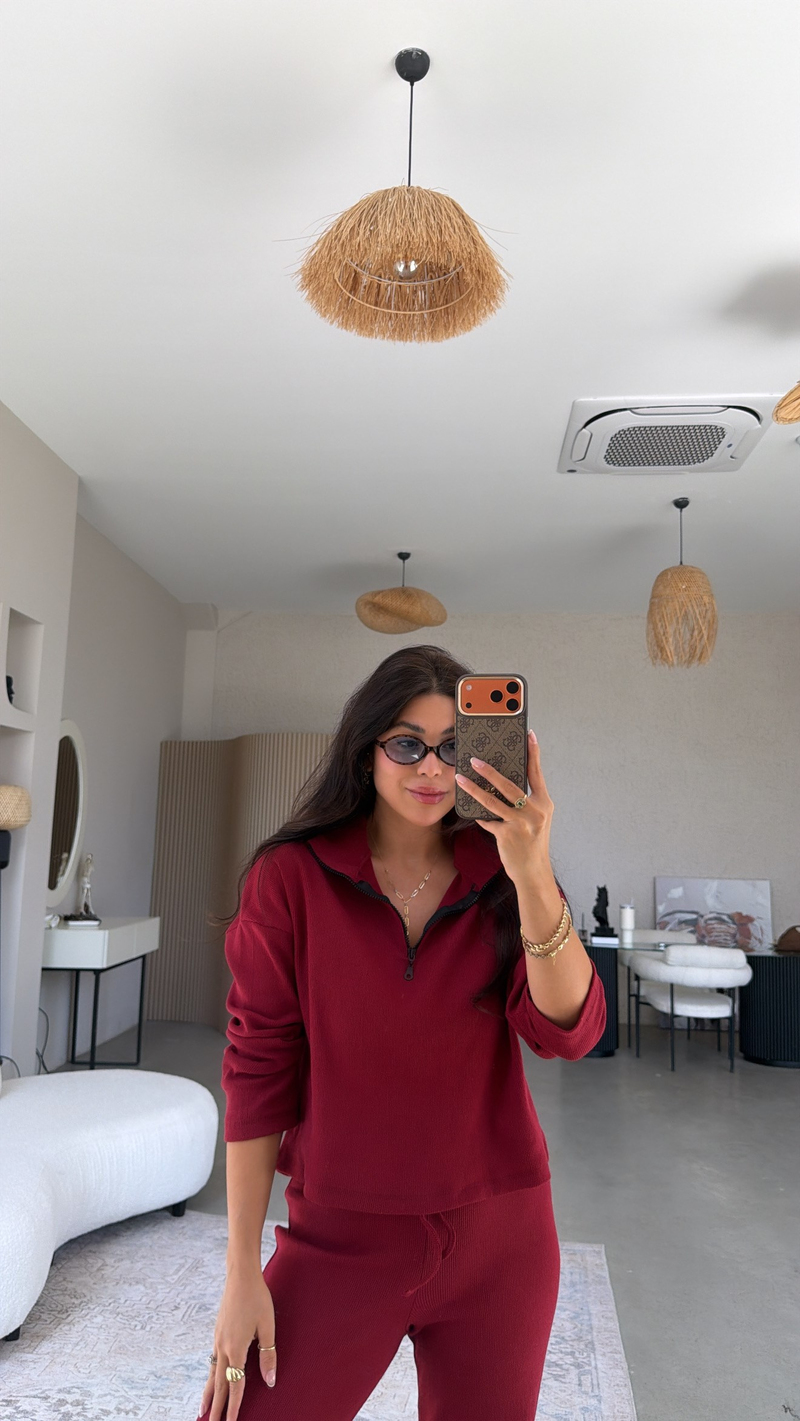 Bordo Fermuarlı Fitilli Alt Üst Takım