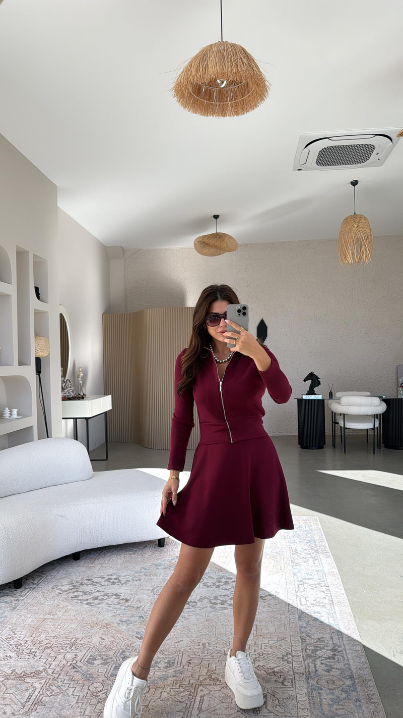 Bordo Fermuarlı Modal Mini Etekli Takım