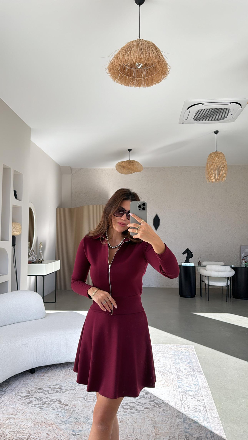 Bordo Fermuarlı Modal Mini Etekli Takım