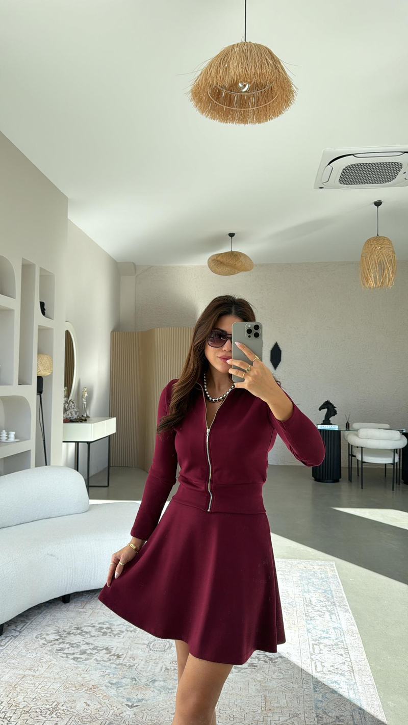 Bordo Fermuarlı Modal Mini Etekli Takım