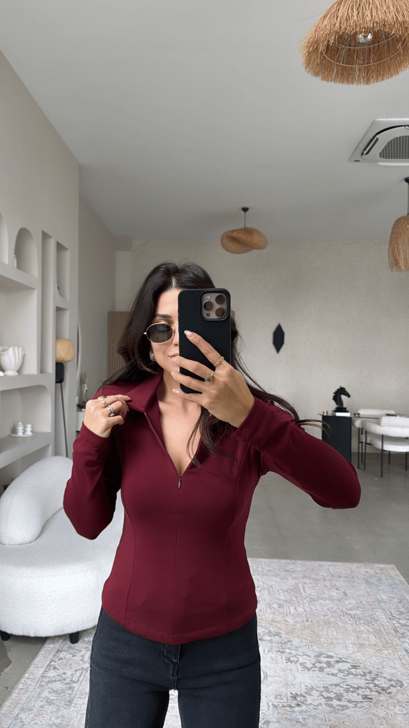 Bordo Fermuarlı Yakalı Modal Bluz