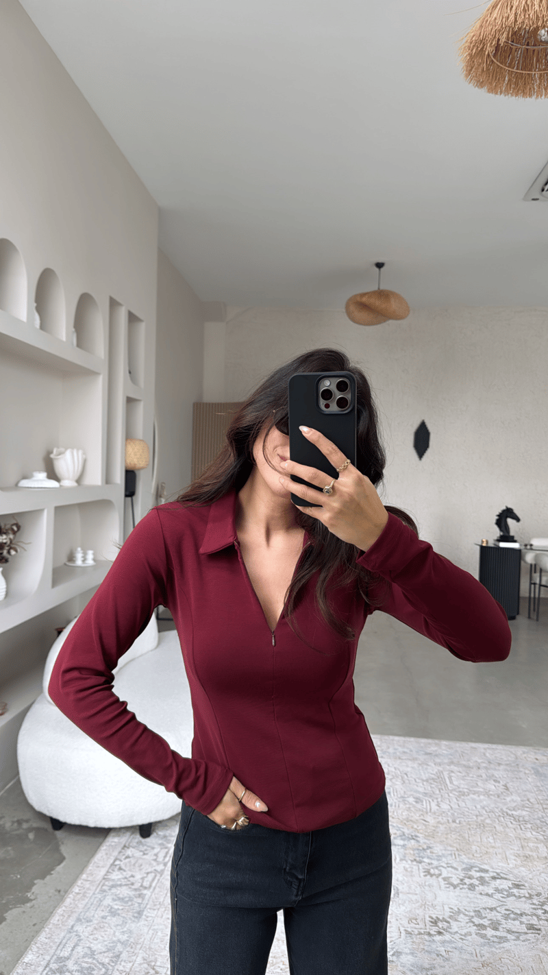 Bordo Fermuarlı Yakalı Modal Bluz