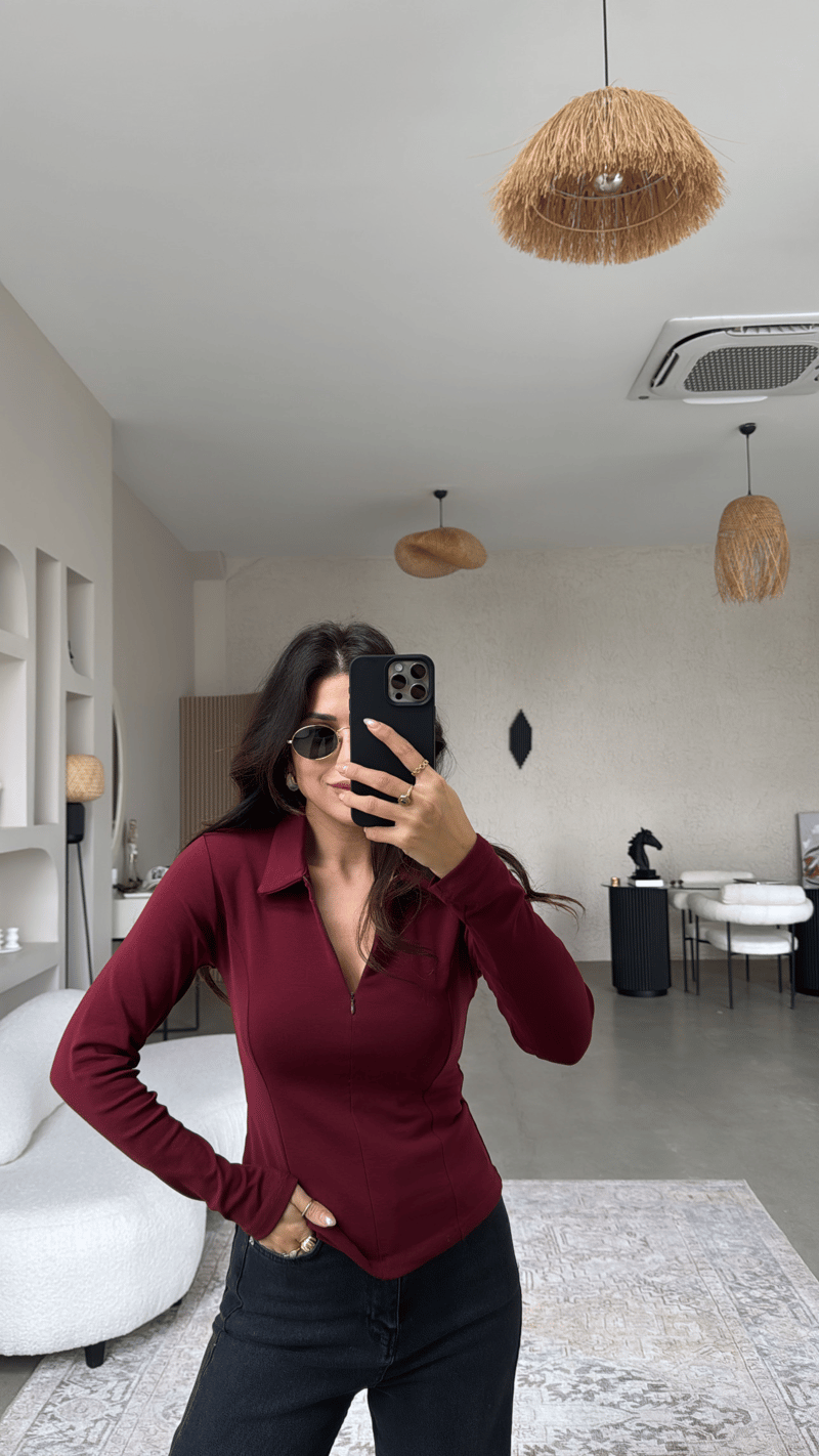 Bordo Fermuarlı Yakalı Modal Bluz