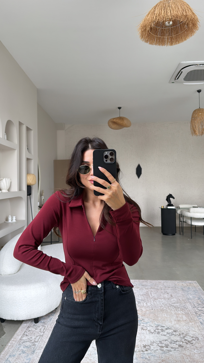 Bordo Fermuarlı Yakalı Modal Bluz