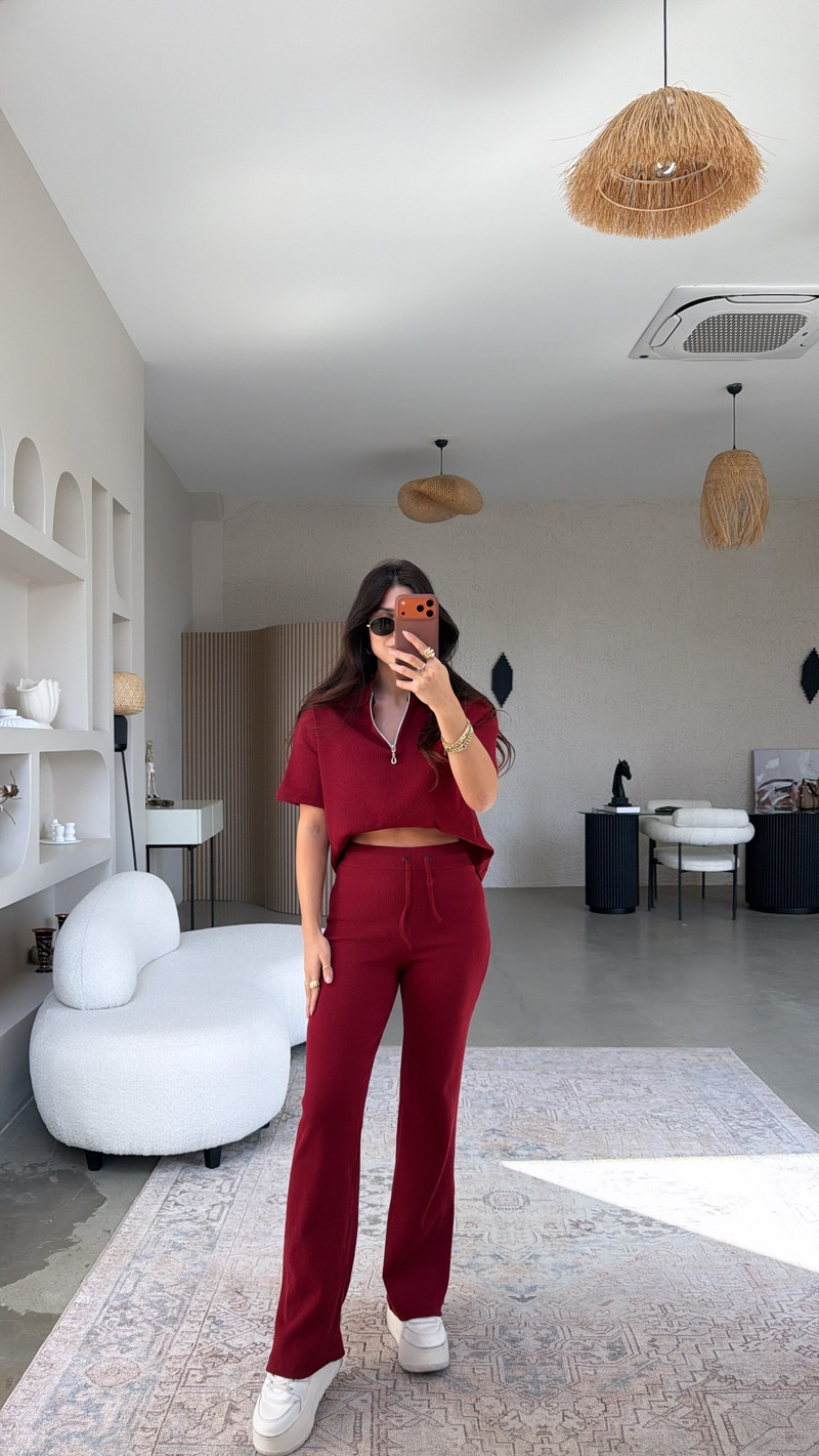 Bordo Fitilli Fermuarlı Kısa Kol Basic Takım