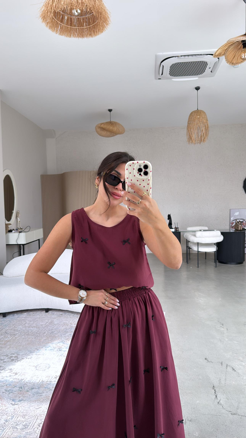 Bordo Fiyonk Detaylı Etek Bluz Tensel Takım