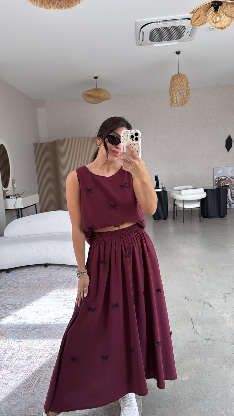 Bordo Fiyonk Detaylı Etek Bluz Tensel Takım