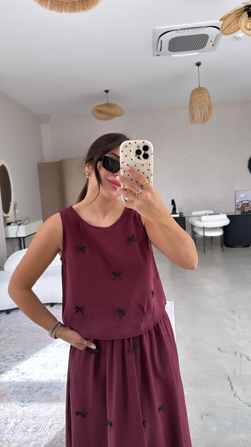 Bordo Fiyonk Detaylı Etek Bluz Tensel Takım