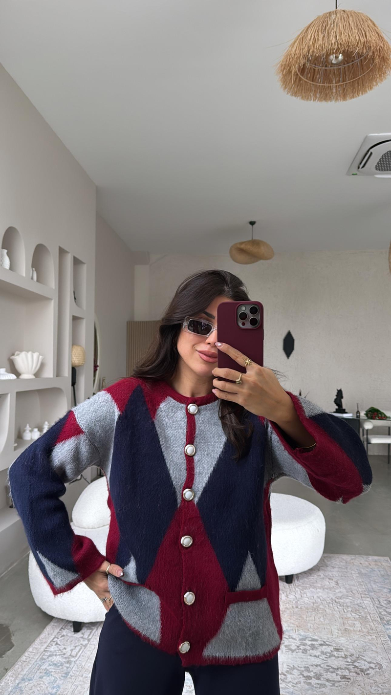 Bordo Geometrik Desenli Hırka