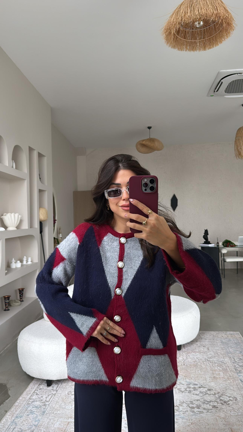 Bordo Geometrik Desenli Hırka
